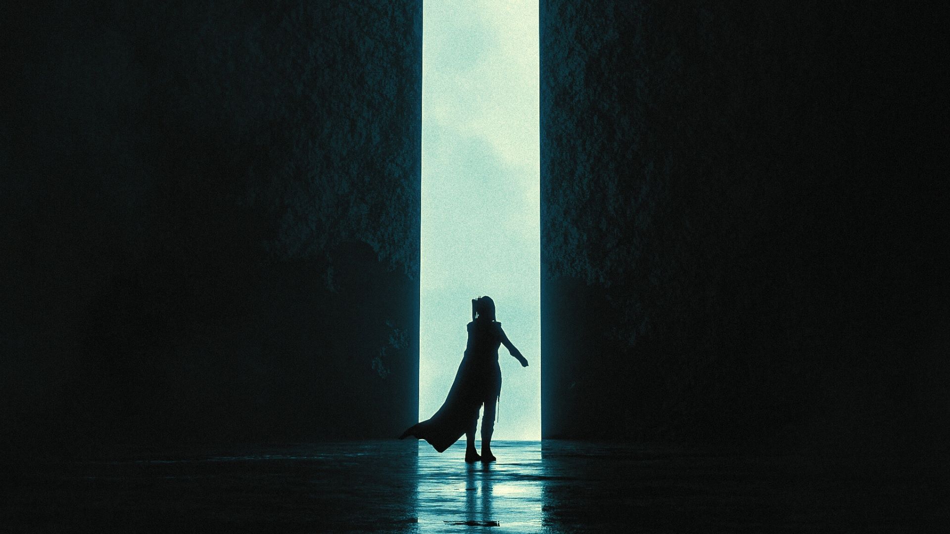 representación simbólica del viaje del héroe con un mujer con capa que atraviesa una puerta sin un destino claro